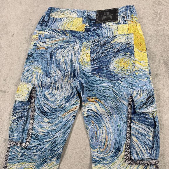 NWT Rebel Vengeance Tapestry Cargo Jeans Mens Starry Night Van Gogh Streetwear - Picture 6 of 8